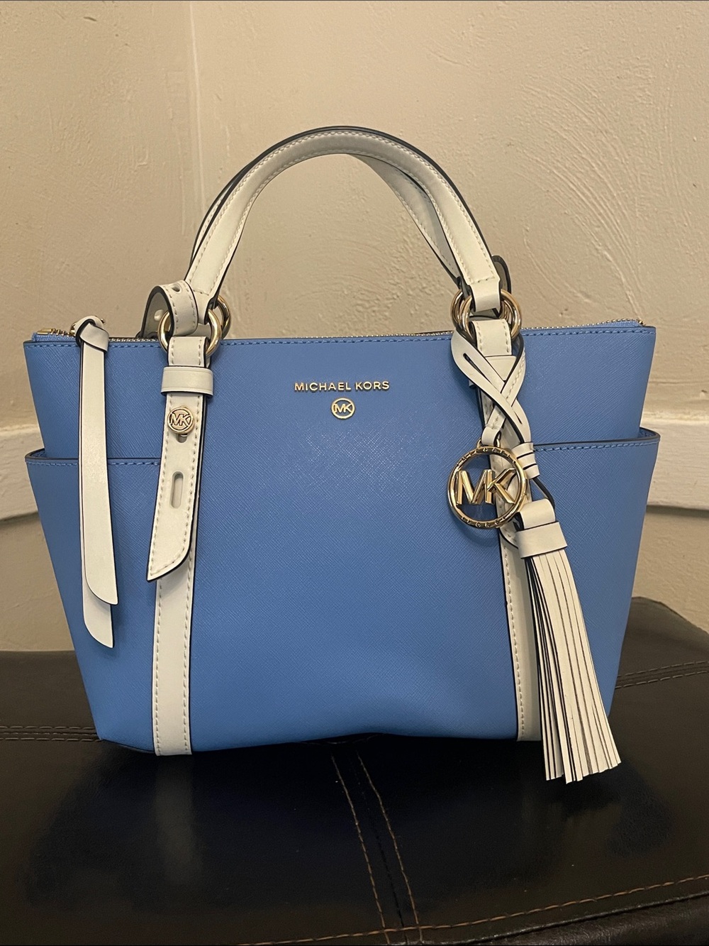Michael Kors Blue and White Saffiano Leather Shoulder Tote with Tassel Charm